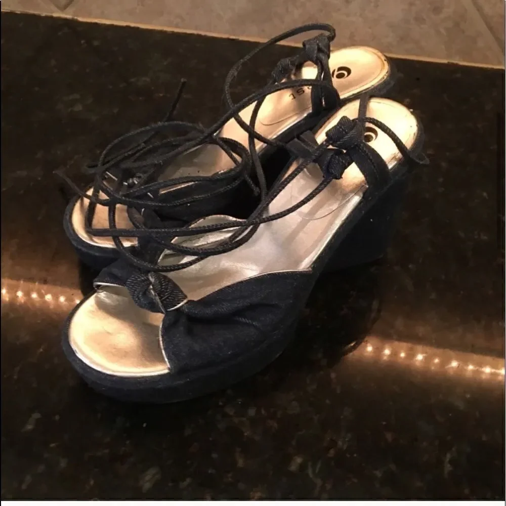 OO 9 West Denim Ankle Tie Wedges!